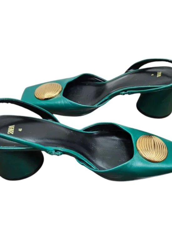 ZARA Green Leather Slingback Heels Gold Medallion Block Heel Women’s EU 41 US 10 - Picture 9 of 15
